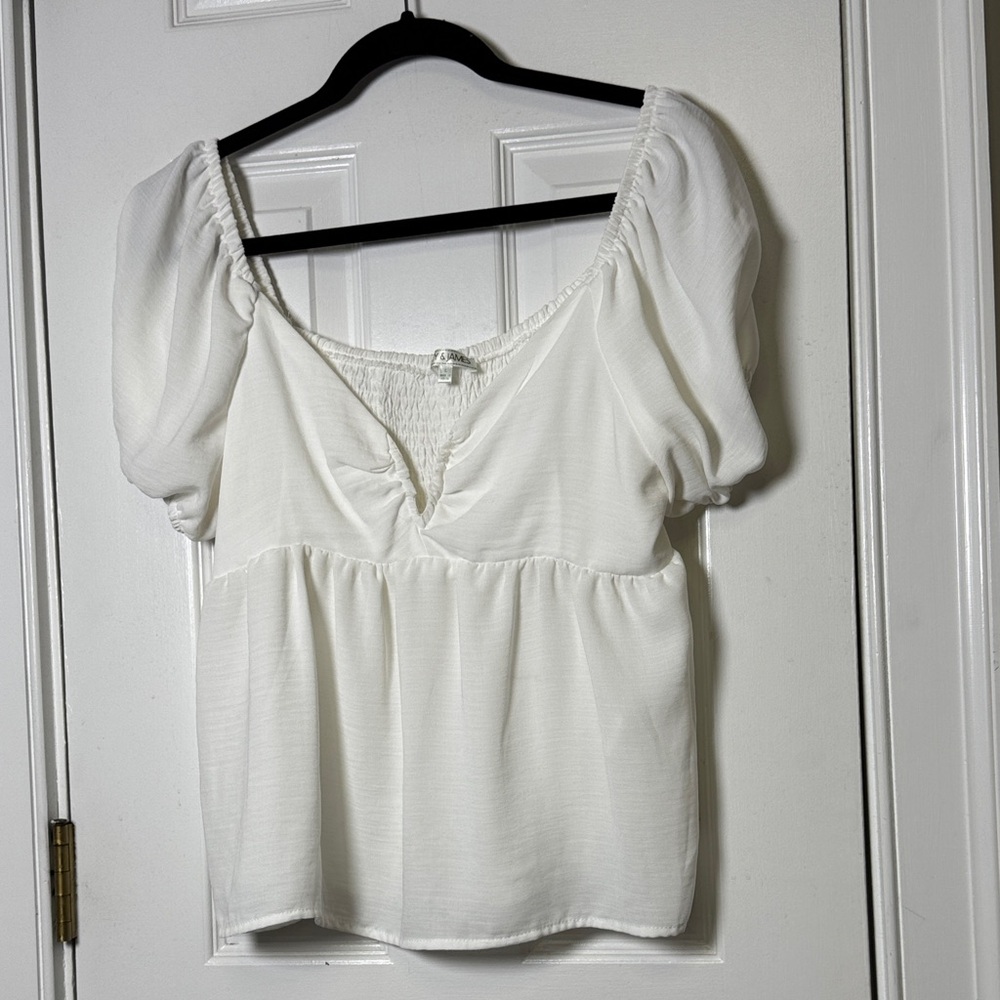 Riley & James White Smocked Puff Sleeve Babydoll Top Peasant Blouse Large